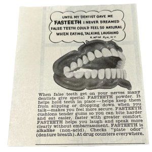 Small Vintage Print Ad Fasteeth False Teeth Powder 1960s Dentist Office Decor